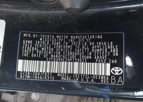 2017 Toyota Corolla Le из США, поврежденный, VIN 5YFBURHE2HP729622